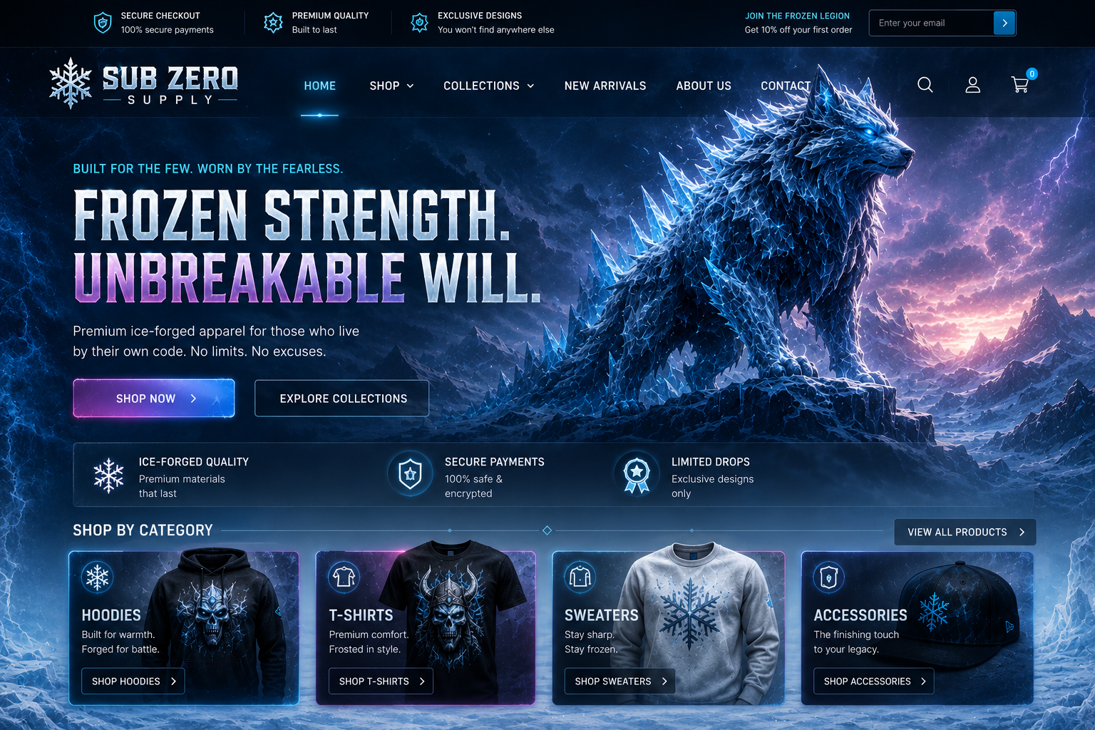 Sub Zero Supply homepage featuring frozen strength messaging, ice wolf artwork, shopping navigation, feature panels, and category cards.